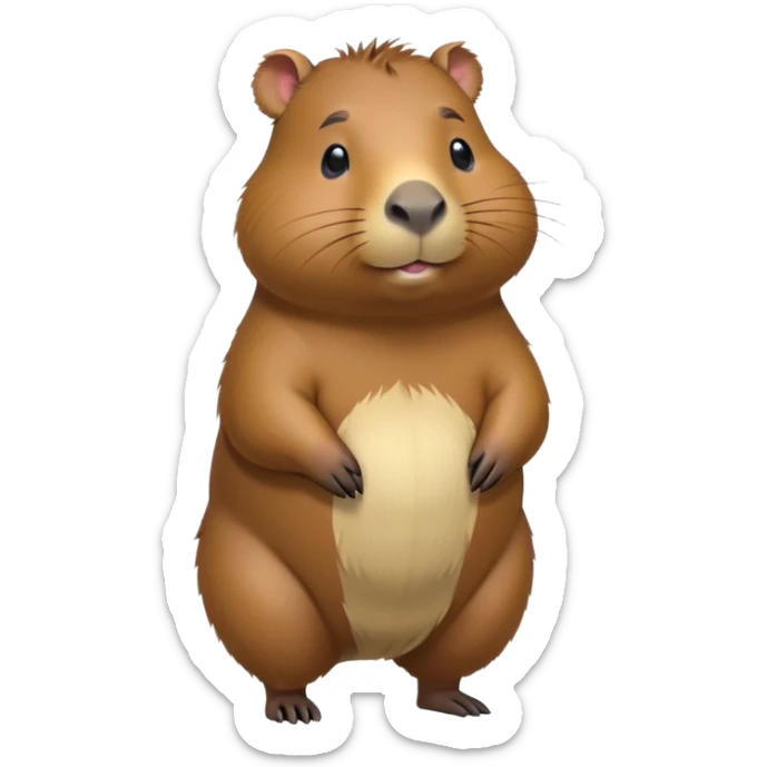 cinematic-capybara-realistic-full-body-on-standing-emoji,-plump-and-relaxed-body-soaking-in-the-warm-sun,-short-brown-fur-slightly-ruffled,-head-tilted-dramatically,-calm-expressive-eyes-exuding-serene-wisdom,-simplified-yet-realistic sticker