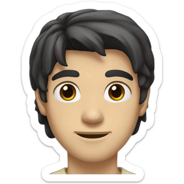 a white teenager with a long classic hairstyle, he has black hair, he has black eyes, he also has a beige T-shirt, he is tall, he has an elongated neck and head sticker