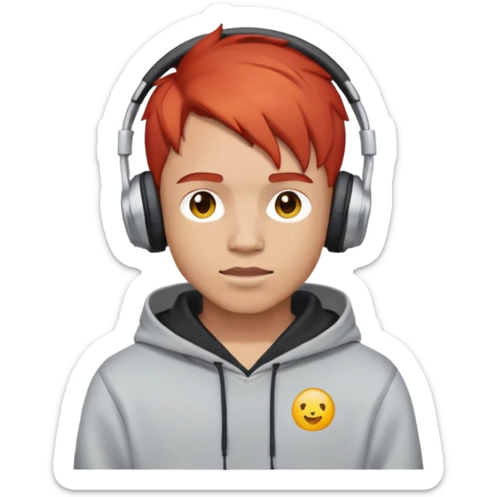 young male with red hair, wearing headphones and a hoodie with 'woojuo' printed on the chest, emoji style, simple and bright sticker