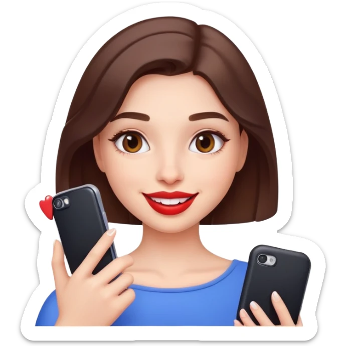 A girl with a phone takes a selfie and sticks out her silicone lips sticker