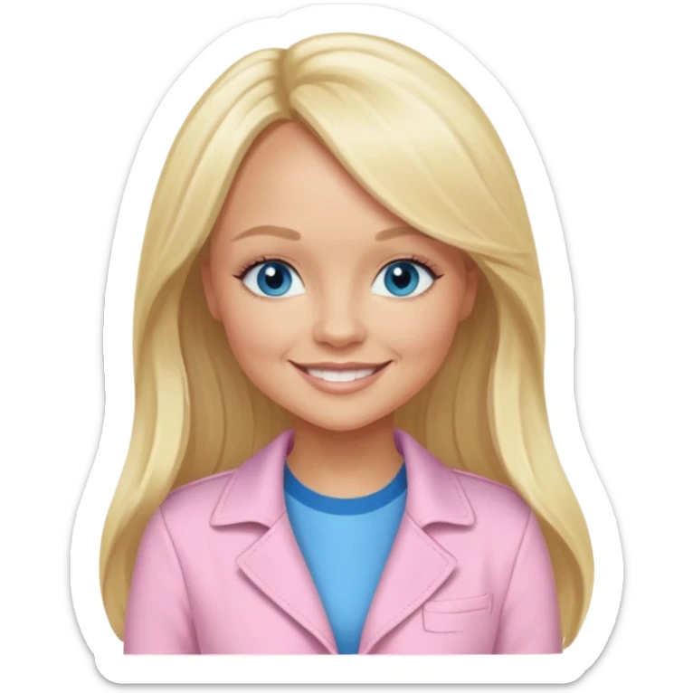 Emma Bunton with blonde long hair, blue eyes, light pink outfit sticker