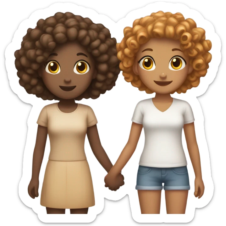 Full body, Two girls holding hands Carmel skin  one  with a curly bun and one feminine with curly hair sticker