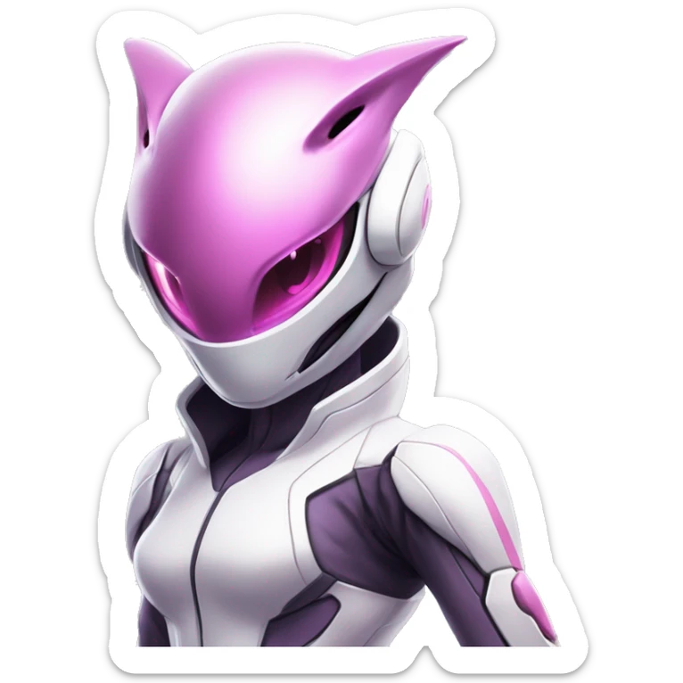 White body, Anthro-Sona-Lizard-Alien-Salazzle-Mew-Mewtwo-Fakémon, with pink eyes, with a futuristic visor-helmet, wearing a techwear-suit, Full Body sticker