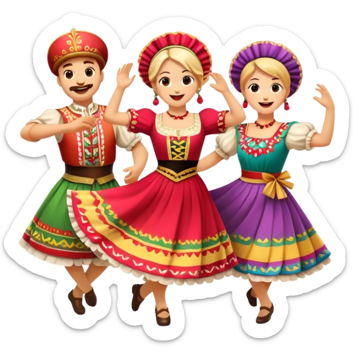 Cinematic Realistic Mazurka Dance Emoji, depicted as a lively traditional Polish folk dance scene with colorful costumes and spirited movement, rendered with dynamic textures and vibrant festive lighting that captures its rhythmic energy. sticker