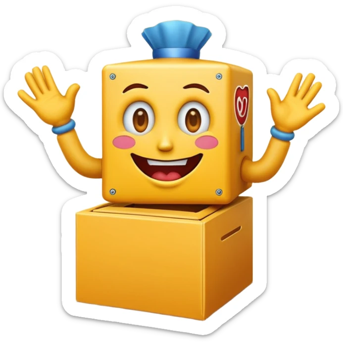 Create an emoji (one of the classic yellow faces) but make them have hands and wind an imaginary jack in the box (no props or anything just the hands and face) but also have the mouth like an o sticker