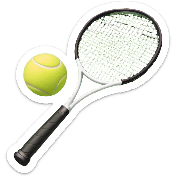 A tennis racket and a ball placed on the ground, with a tennis court in the background. The court lines and net are visible, emphasizing the structure and focus of the sport, creating a dynamic and energetic vibe. sticker