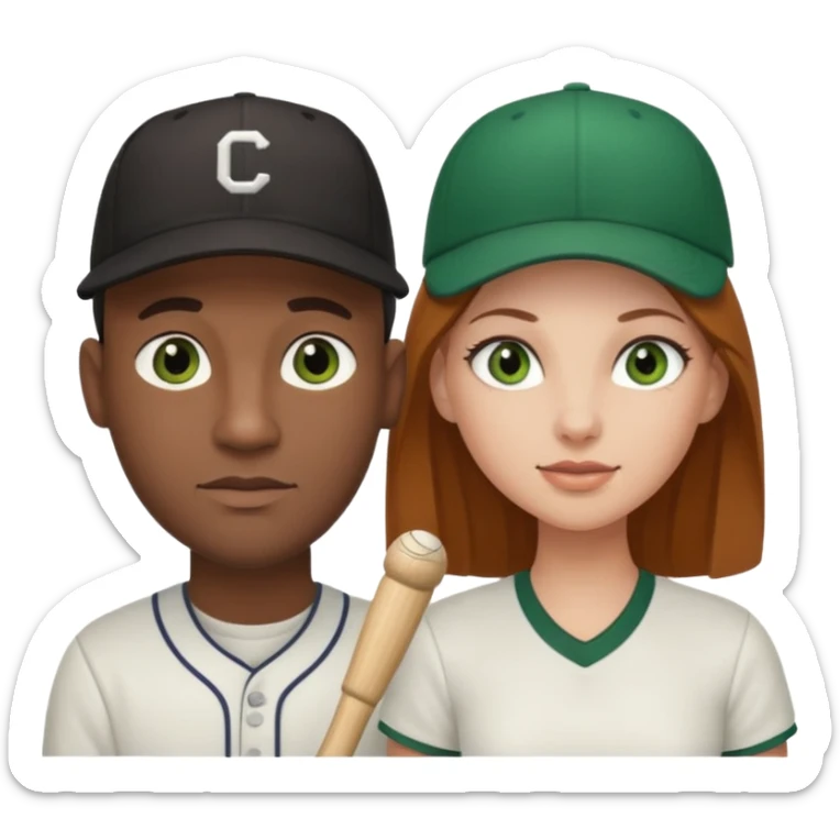 Black bald guy with a baseball cap & a white girl brown hair green eyes sticker