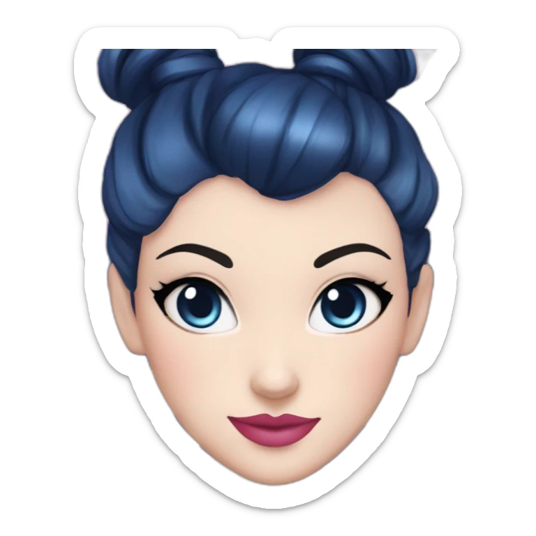 white pale woman, dark blue hair with a bun, pink eyes, lines across face horizon and vertical, dark blue hair, dark hair,rosy pink cheeks,pink lips, blue leotard, ballora, ballerina sticker