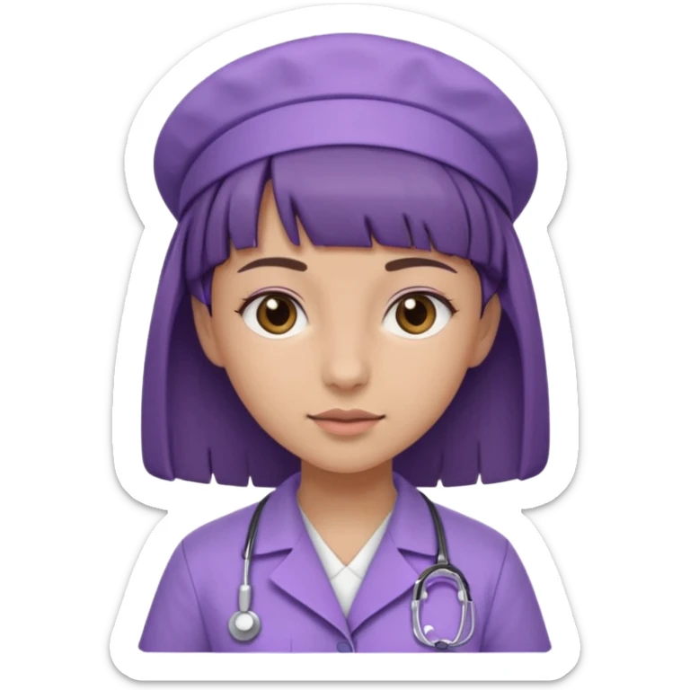 A young female slim nurse with short Brown hair with fringe over her forehead, wearing larvendar purple working cloth sticker