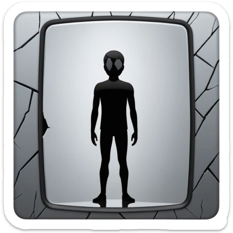 Minimalist emoji-style sticker of a person standing in front of a cracked mirror. The mirror shows a dark shadowy silhouette or distorted figure instead of a reflection. Flat black and white design with muted gray tones. No text. Bold, clean lines. Square composition. No shading or gradients. sticker