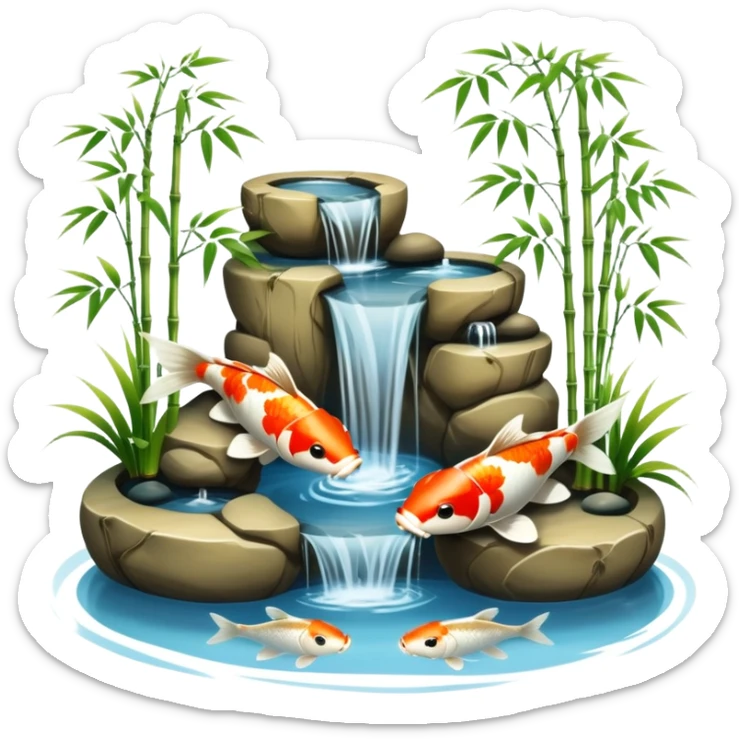 Romantic Asian koi fish pond and bamboo fountain scenic scenery landscape deco sticker