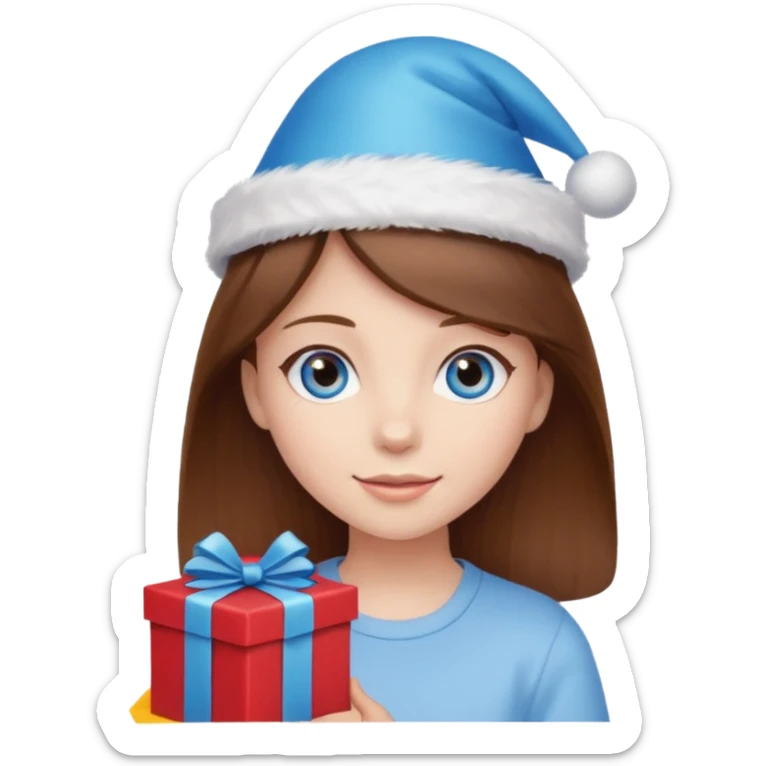 girl with brown hair and blue eyes, holding a present, wearing a birthday hat sticker