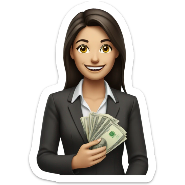 brunette business woman with money in her hand, smiling sticker