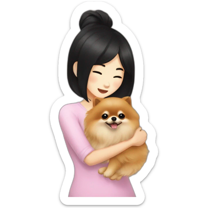 pomeranian hugging east asian girl with medium length black hair sticker