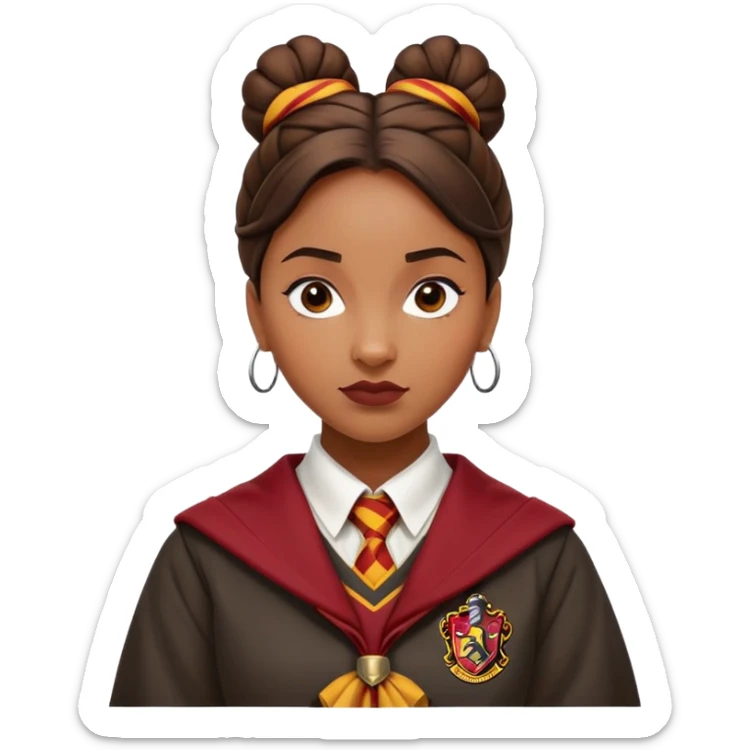 Angelina Johnson in harry potter, wear hogwarts gryfindor uniform,  thick, brown knot bun hair , reflecting her bold, stylish, and strong personality sticker