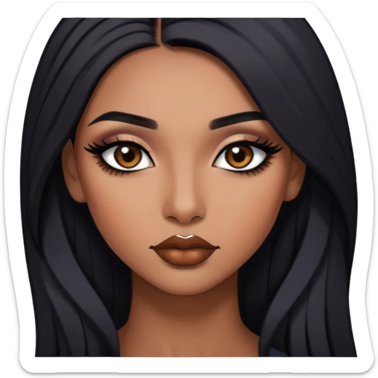 indian girl, brown skin, long black hair, brown underneath colored hair, baddie,pretty, makeup, lipliner, black eyeliner, sticker