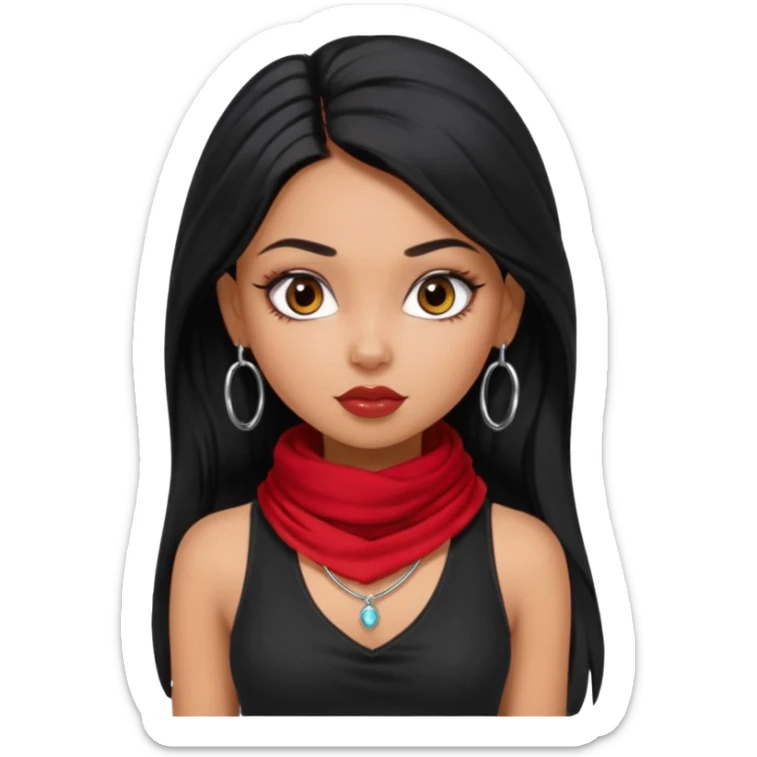a pretty bratz dusky girl with long black hair, kajal under eyes, small silver hoop. black tank top on. Red scarf around neck sticker