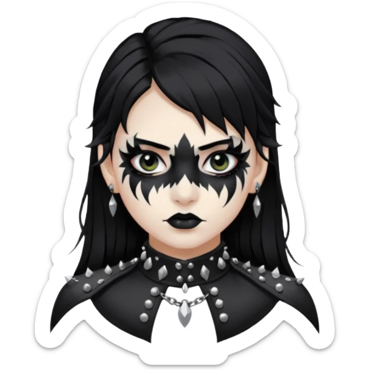 Crea una ragazza con stile black metal,  paint face black metal, capelli neri, mossi dalle spalle e occhi bianchi e un collare con borchie a punta sticker
