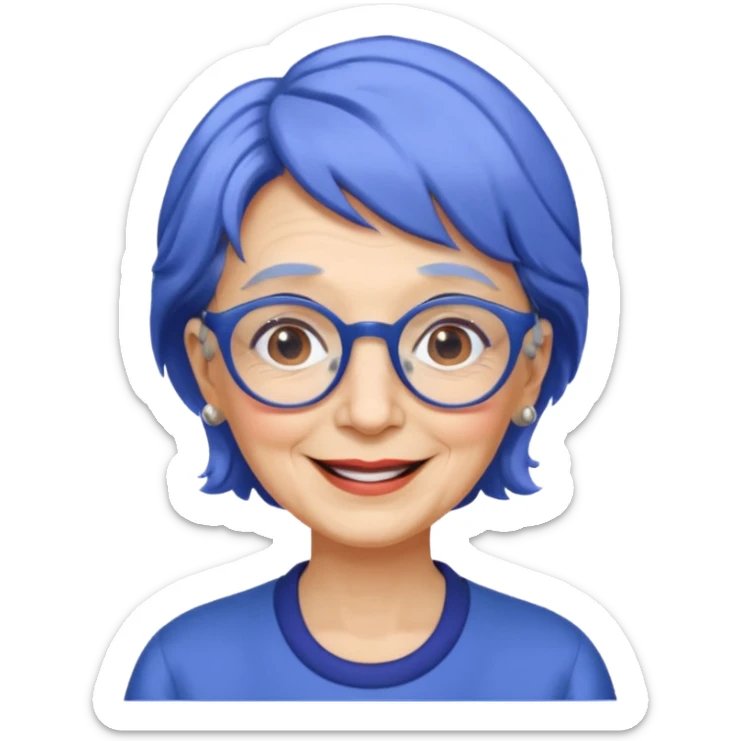 old lady with cobalt hair, wearing glasses, slight curl short hair, long face sticker