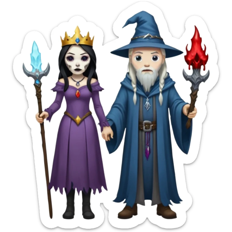 An attractive Alaskan princess, full body, Standing next to a wizard In the style of your bleeding skull art. Dark gritty and menacing  sticker