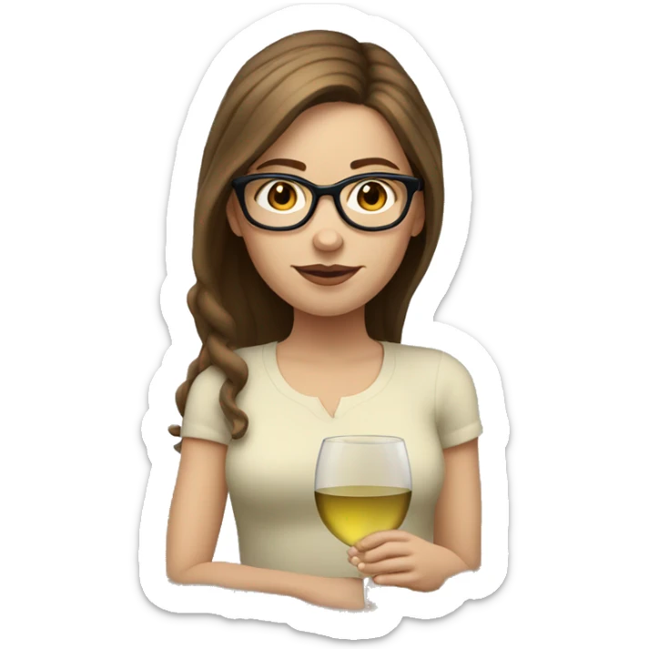 A white girl with brown hair and glasses, drinking a glass of white wine. sticker
