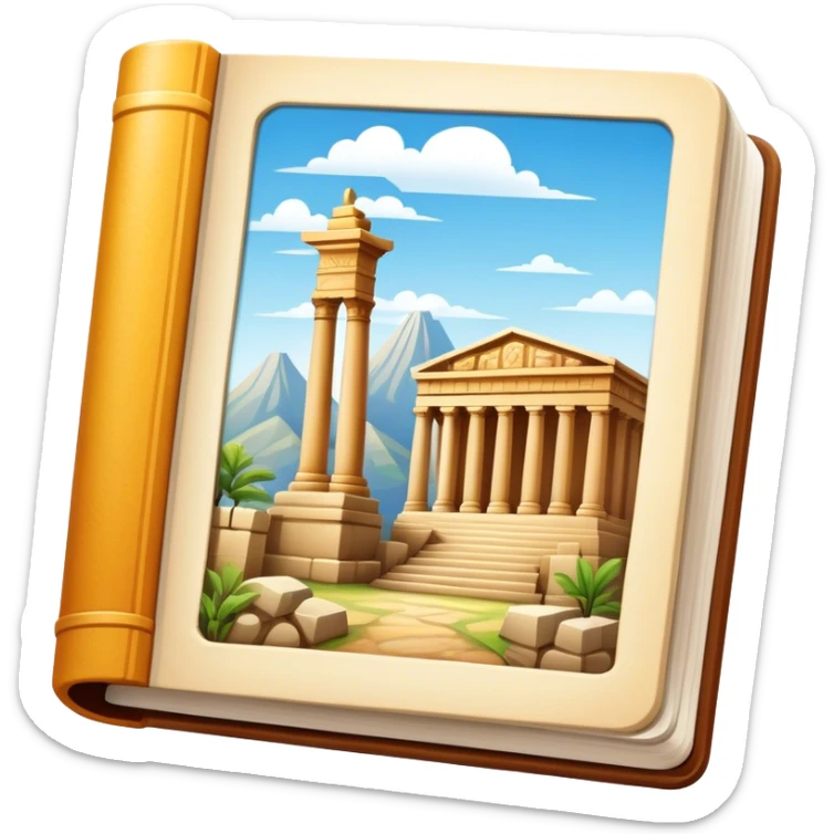 Icon for Historical and Cultural Tourism: iconic landmarks like ancient ruins, a museum and a historical monument, with a travel guidebook and camera. The icon should capture the exploration of history and culture. Transparent background. sticker