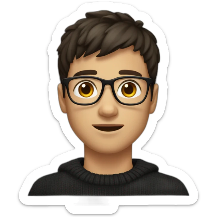 A young man with dark brown hair half-long on top and shorter on the sides with a bang. He has square glasses. He has a black sweater. He also has dark brown eyes sticker
