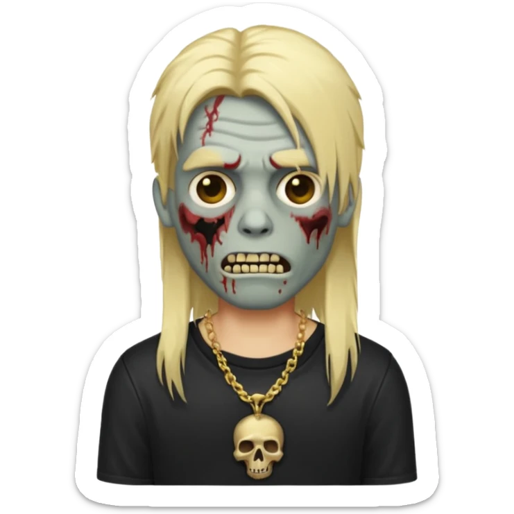 make a iphone emoji who is a zombie man with long blonde hair with light brown roots, with a black punk shirt and a golden neckless sticker