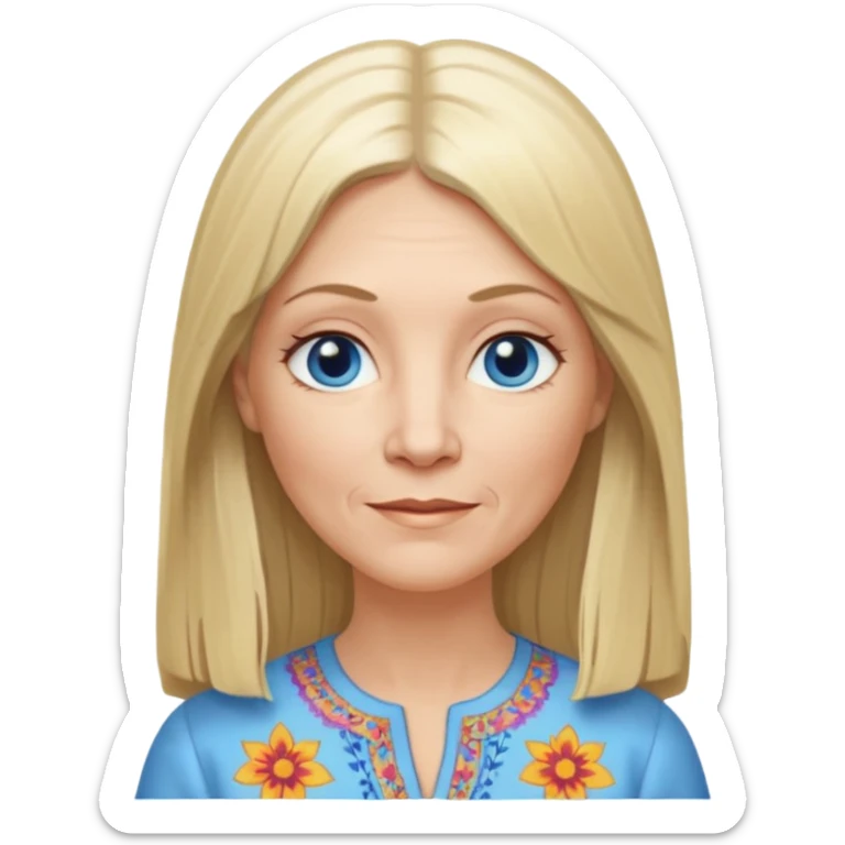 50 yr old white woman, hippie part bangs, very long straight blond hair, oval face, small smile, blue eyes, thin face, hair downback, hair parted at center of head, round cheeks, pale, longer hair, dress shirt sticker