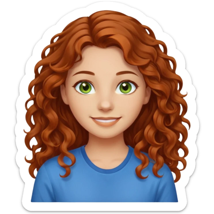 girl with brown hair, green eyes with a blue shirt no background ,young with curly hair smileing long hair not so curly and orange sticker