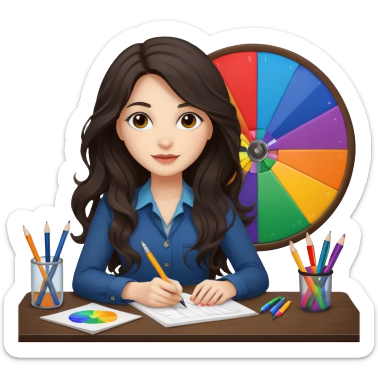 female dark wavy long hair graphic designer , big color wheel behind , pens, papers, desktop sticker