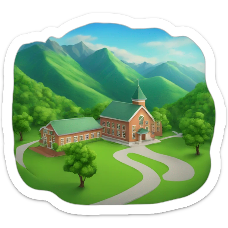 a small school at the foot of a beautiful green mountain with children play sticker