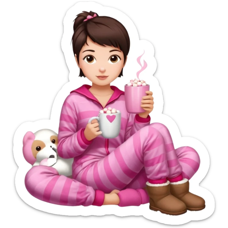 Brunette girl pixiecut Hair Brown aesthetic Victoria's Secret pajama set, Ugg boots, holding hot chocolate with pink and Red marshmallows, cozy and cute sticker