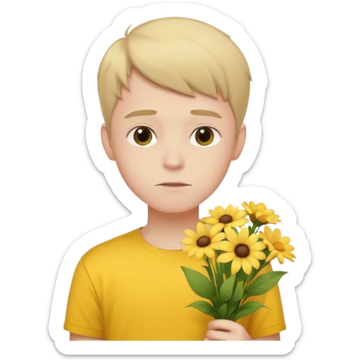 generate an ios genmoji of a 20 year old fair boy with faint upper lip hair (brown). should look like he cant grow a mustache., carrying a flower bouquet, wearing a yellow tshirt, looking shy sticker