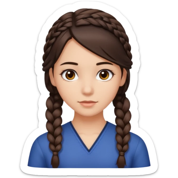Draw me a brunette girl, with medium-length hair, dark brown eyes, and a side braid sticker