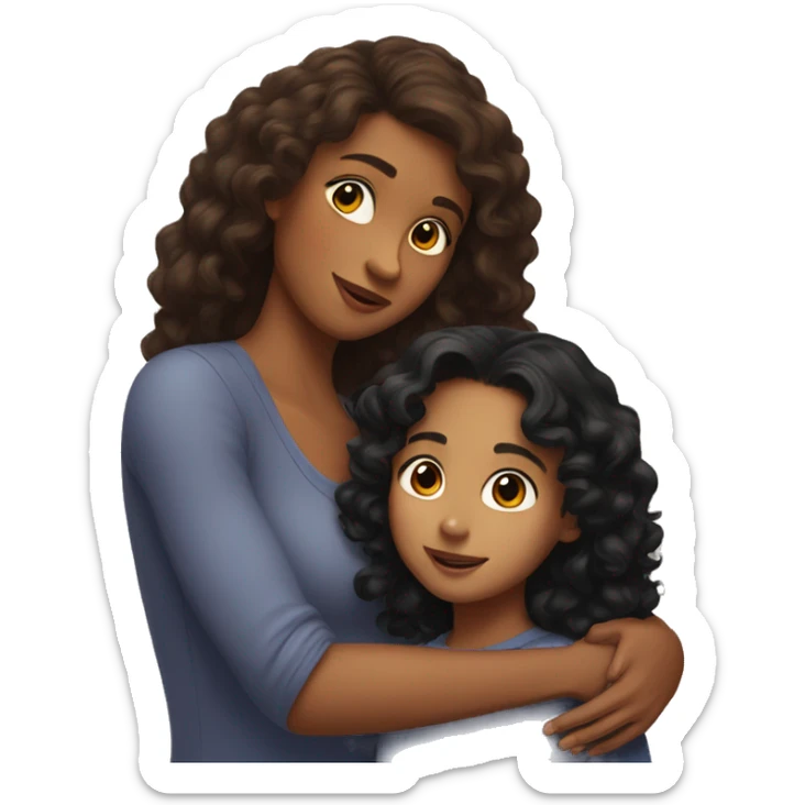 a brown woman with long brown curly hair hugging a younger girl with mid length black hair sticker