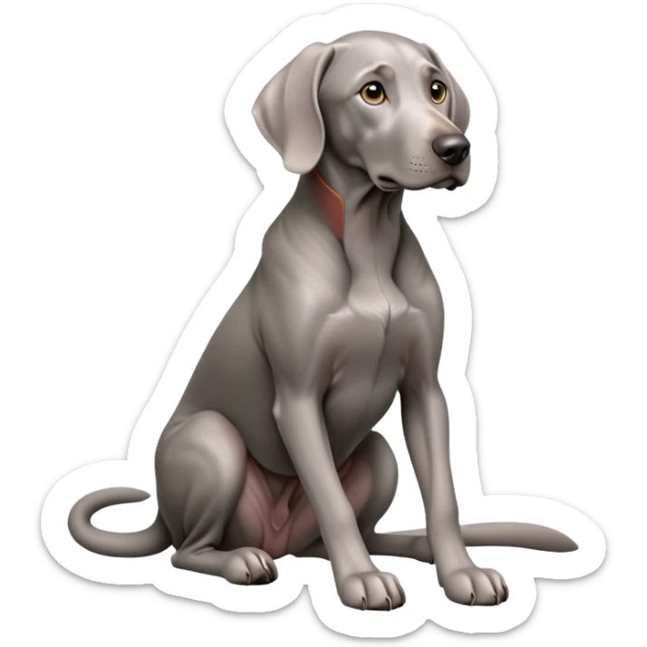 cinematic-[weimaraner-realistic-full-body-sitting-emoji,-tail-resting-loosely-beside-its-paws,-head-tilted-dramatically, -sleek-[grey]-fur,-simplified-yet-realistic-focused-features,-highly-detailed,-glowing-with-an-almost-sarcastic-glow sticker