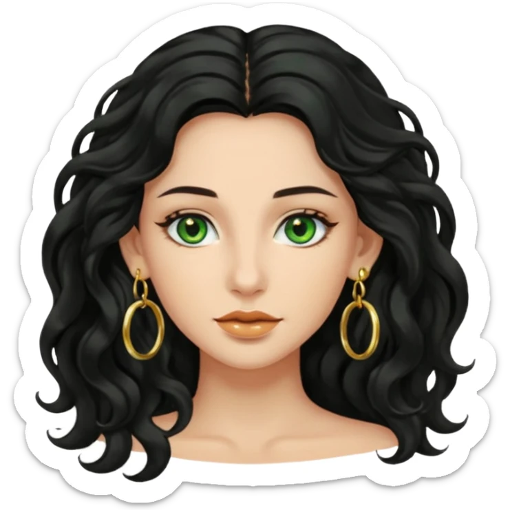 Attractive wavy black long hair with green eyes and gold hoop earrings  sticker