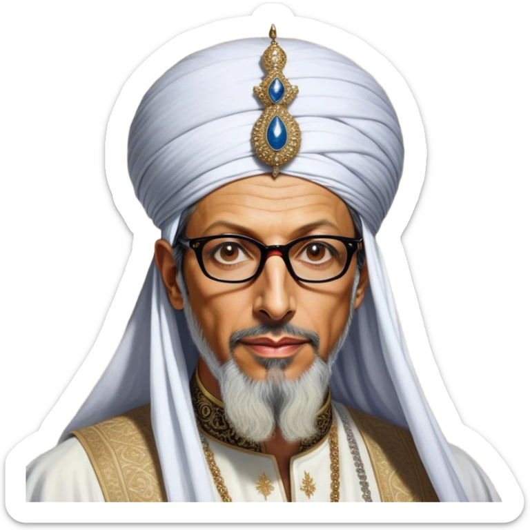 Jeff Goldblum without glasses as a regal portrait dressed as _cinematic-realistic-portrait-of-suleiman-the-magnificent,-depicted-as-a-regal-ottoman-sultan-adorned-with-a-large,-white,-round,-tall-turban-and-a-majestic-grey-beard,-his-commanding-gaze-bathed-in-warm,-historic-lighting-that-exudes-timel sticker
