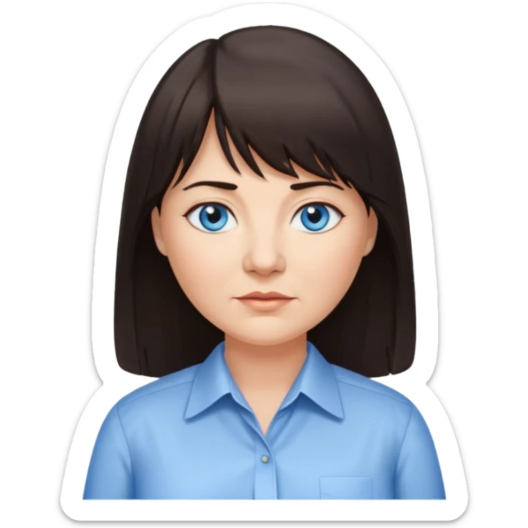 50 yr old woman, blue eyes, long straight dark brown hair, business shirt, chubby, bangs sticker