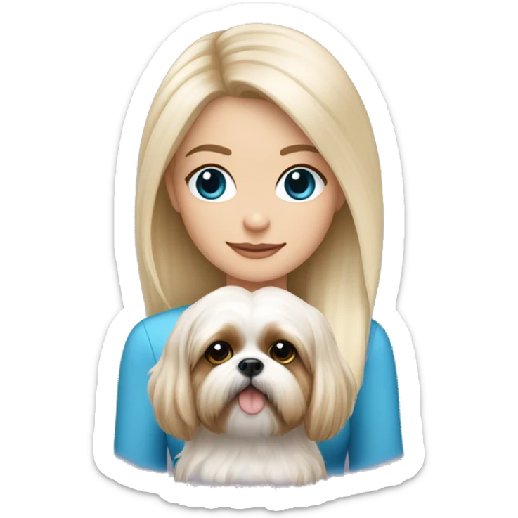 White blond girl with long hair and blue eyes holdin a small shih tzu dog sticker