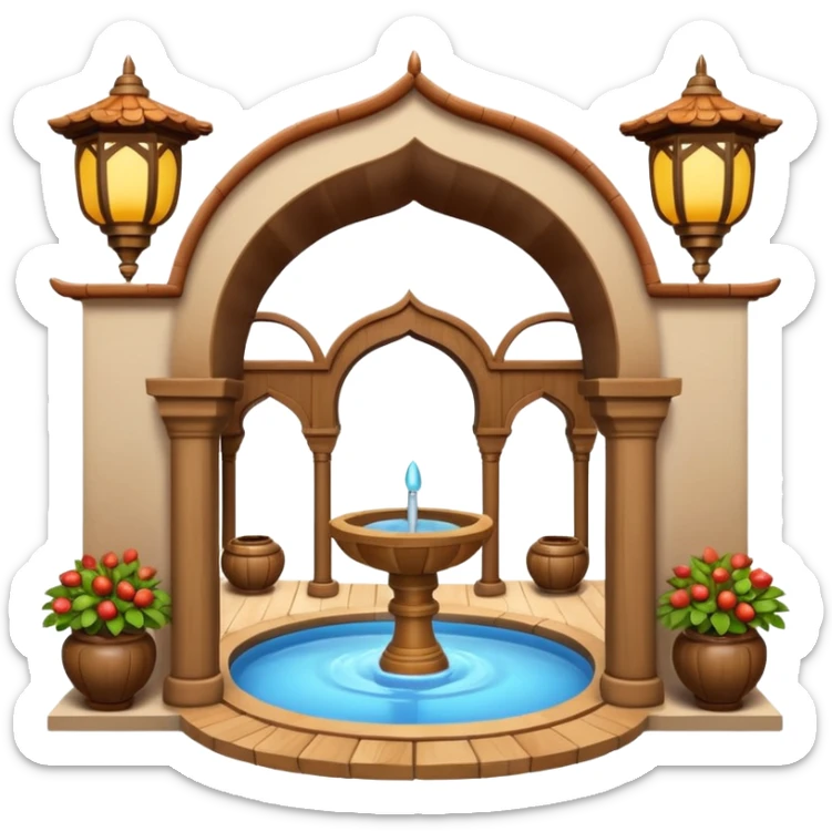 3D Apple-style emoji of a traditional Turkish han with courtyard, arches, fountain, wooden doors, and hanging lanterns. Rounded, glossy, smooth, soft shadows, white background.







 sticker