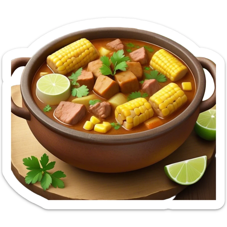 Cinematic Realistic Sancocho Antioqueño Emoji, depicting a hearty Colombian stew brimming with tender cuts of meat, yuca, plantains, corn on the cob, and potatoes in a rich, flavorful broth. Served in a rustic clay bowl with fresh cilantro and lime on the side, rendered with warm, inviting textures and homely, comforting lighting. sticker