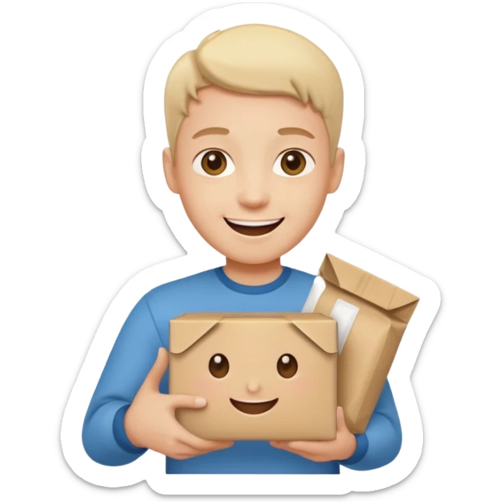 glückliche Person, die ein Paket hält, Paket leicht geöffnet, fröhlicher Gesichtsausdruck sticker