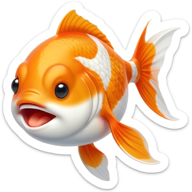 Cinematic Cute Yawning Orange and White Goldfish Portrait Emoji, Head tilted slightly with a dramatic, wide-open yawn, showcasing a smooth body with a balanced blend of orange and white, graceful fins slightly drooping, round golden eyes barely open in drowsy contentment, Simplified yet irresistibly adorable features, highly detailed, glowing with a soft, cozy glow, high shine, relaxed yet expressive, stylized with a touch of whimsy, bright and endearing, soft glowing outline, capturing the essence of a sleepy yet affectionate goldfish, so drowsy it feels like it could float out of the screen and curl up for a nap! sticker