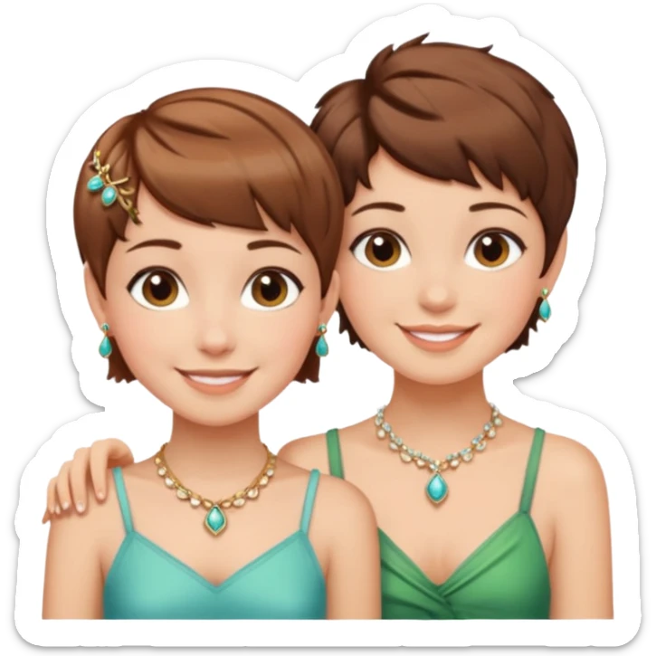 Fair skin and brown colored besties with brown hair pixie cuts wearing jewelry  both brown hair  sticker