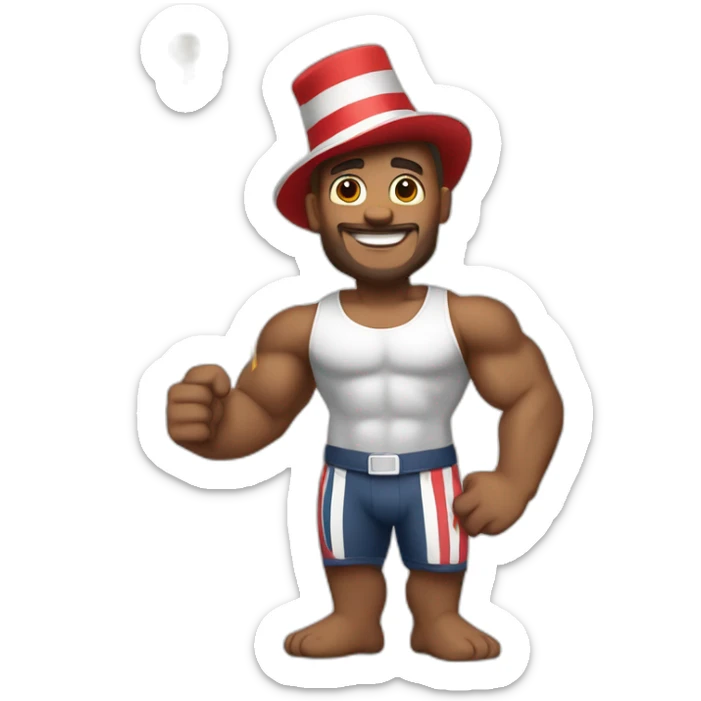 Create a full-body emoji of a muscular man, wearing a New Year's hat and holding a flag. sticker