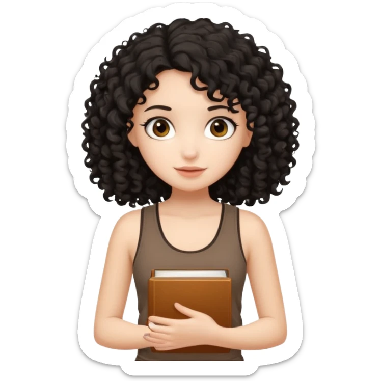 a pretty bratz fair girl with black curly hair in a brown tank top holding a book sticker