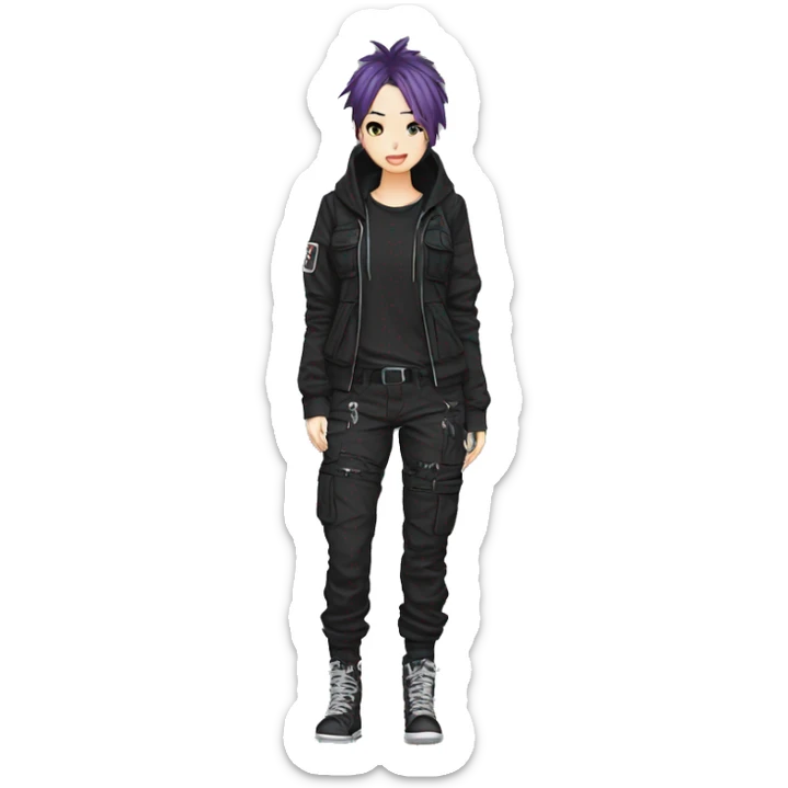 Edgy anime punk gothic tomboy with techwear cargo pants hoodie sticker