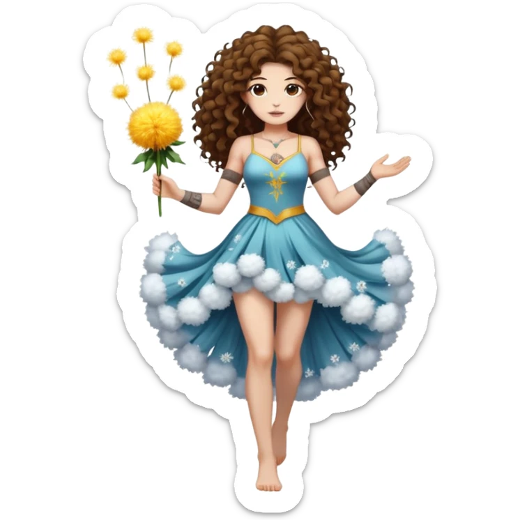 full body woman long curly brown hair brown eyes white skin tattoos muscular build dandelion seed spirit dress made of floating fluff sticker